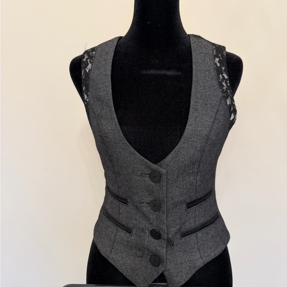 bebe Gray 2 Piece Suit Buttoned Vest and Pants with Lace Accents. Vest XS